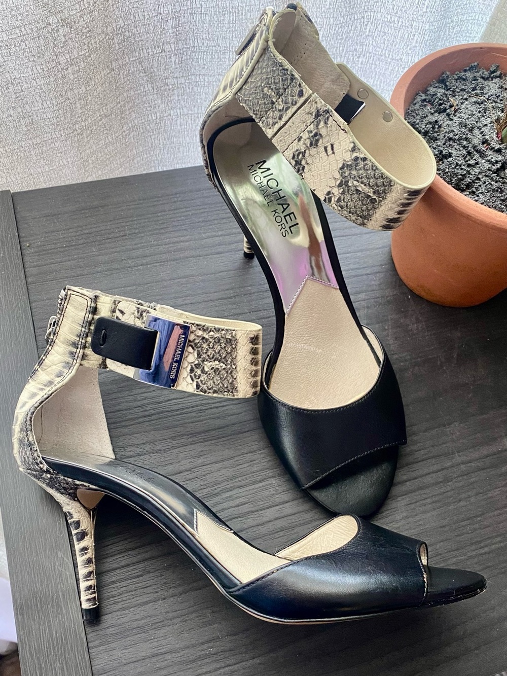 MICHAEL Michael Kors Giuliana Snake Print
Ankle Strap Open-Toe Stiletto Heels 7